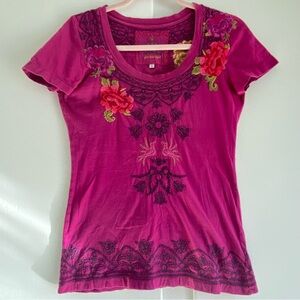 Johnny Was Magenta Floral Embroidered Tee